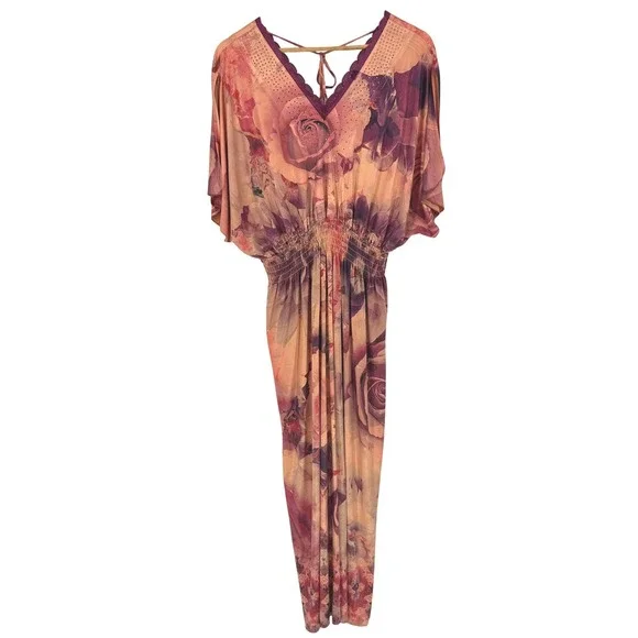 ONE WORLD | Dresses | Floral Maxi Dress Rhinestone V Neck Peach Purple  Bohemian Resort Sz M Fairycore | Poshmark